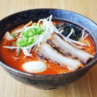 Spicy Miso · Miso base, tonkotsu broth, chashu pork, bean sprout, wakame, bamboo shoots,scallion, soft bo...
