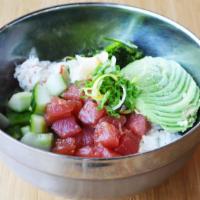 Ahi Tuna · Hawaiian shoyu, wakame salad, cucumber, crab salad, avocado, ginger, sushi rice or mixed gre...