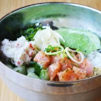 Creamy Salmon · Creamy cilantro, wakame salad, cucumber, crab salad, avocado, ginger, sushi rice or mixed gr...