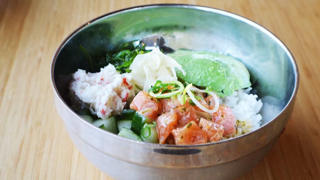 Creamy Salmon · Creamy cilantro, wakame salad, cucumber, crab salad, avocado, ginger, sushi rice or mixed greens.
*can be gluten-free without crab salad.
*Consumption of raw or undercooked meat, egg, or seafood may increase your risk of food-borne illness.