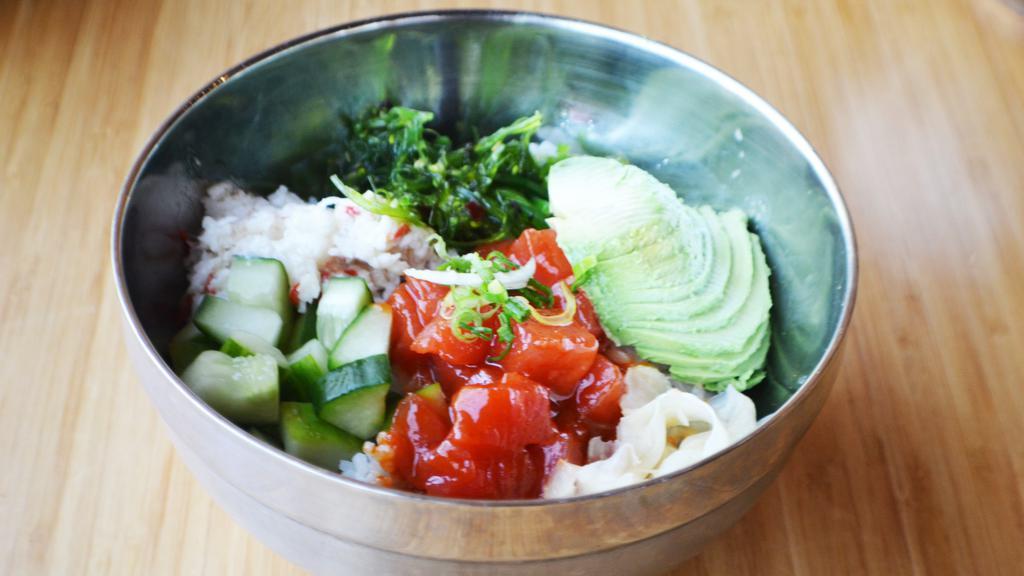 Spicy Tuna · Spicy sesame sauce, wakame salad, cucumber, crab salad, avocado, ginger, sushi rice or mixed greens.
*can be gluten-free without crab salad.
*Consumption of raw or undercooked meat, egg, or seafood may increase your risk of food-borne illness.