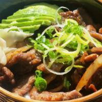 Bulgogi Beef Rice ( Gf ) · Korean style marinated beef, rice, avocado, onion, pickled ginger.