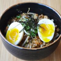 Kimchi Fried Rice ( Gf ) · Stir fried rice, kimchi, ground pork belly, bean spouts, soft boiled egg and green onion.