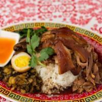 Pork & Rice (Khao Kha Muu) · Pork Hog (Carlton’s Farm) braised in coca cola, coco powder, Thai and Chinese herbs and spic...