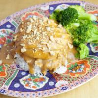 Large Chicken & Rice & Peanut Sauce · Large version of Chicken Peanut with poached Mary's Chicken and  Jasmine rice, Broccoli, and...