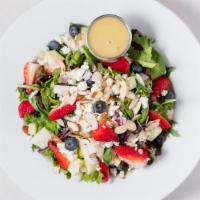 Red, White And Blue Salad - Large · Gluten free. Jicama, blueberries, strawberries, field greens, red onion, apple, almonds, fet...