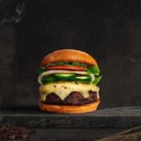 Jaded Jalapeno Vegan Burger · Impossible patty grilled and topped with melted vegan cheese, jalapenos, lettuce, tomato, on...