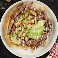Hawaii Hots Vegan Fries · Impossible meat, pineapple, caramelized onions, jalapenos, and cilantro topped on Idaho pota...