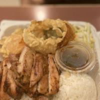 Chicken & Tempura Combo · Served with rice and salad.