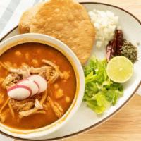 Pozole Rojo · Traditional Mexican pozole (posole), soup made with chicken, hominy, and red chiles. lettuce...