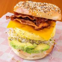 California Dream W/ Bacon · Toasted bagel w/ egg, cheese, mushrooms, salsa, sprouts, and avocado and bacon