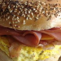 Ham Egg And Cheese · Toasted bagel with ham, egg & cheese.