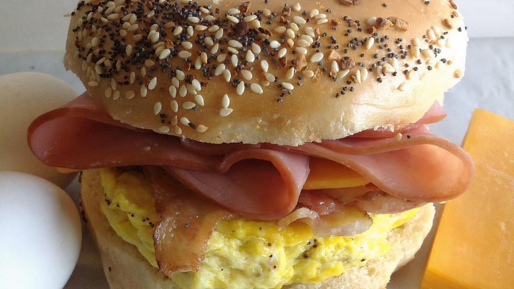 Ham Egg And Cheese · Toasted bagel with ham, egg & cheese.