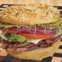 Beef Pastrami · sandwich come with mayo, mustard, cheese, lettuce, tomato, onion, pickles, sprouts, and avoc...