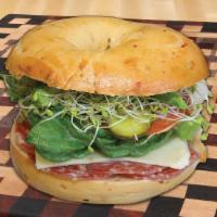 Salami · sandwich come with mayo, mustard, cheese, lettuce, tomato, onion, pickles, sprouts, and avoc...