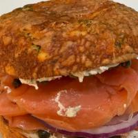 New Yorker Supreme  · Bagel w/herb cream cheese, capper, double smoked salmon (lox), tomato, onion, sprout.
