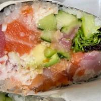 Rainbow · Ahi tuna, atlantic salmon, yellowtail, cucumber, avocado, crab salad, masago with spicy aiol...