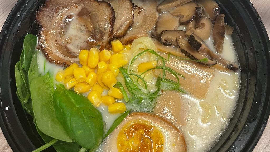 Tonkotsu Ramen  · Rick chicken and pork bone broth, pork belly, corn, bamboo shoots, spinach, shiitake mushroom, soft egg, scallion.