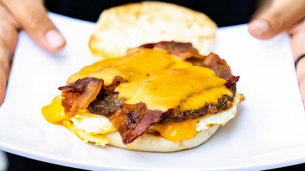 All Day Breakfast Sandwiches · Choice of bacon, sausage or both with egg, and Cheddar cheese on an English muffin.