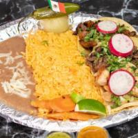 #3 Tacos Carnitas · Rice beans and 3 tacos