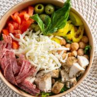 Italian Chopped Salad · Romaine, frisee, garbanzo, artichoke, tomato, olive, hard salami, roast chicken, mozzarella,...
