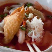 Thai Yen Ta Fo 🌶 · Mild spicy. Sweet and sour pink broth with Thai rice noodles, prawns, squid, fish balls, pra...
