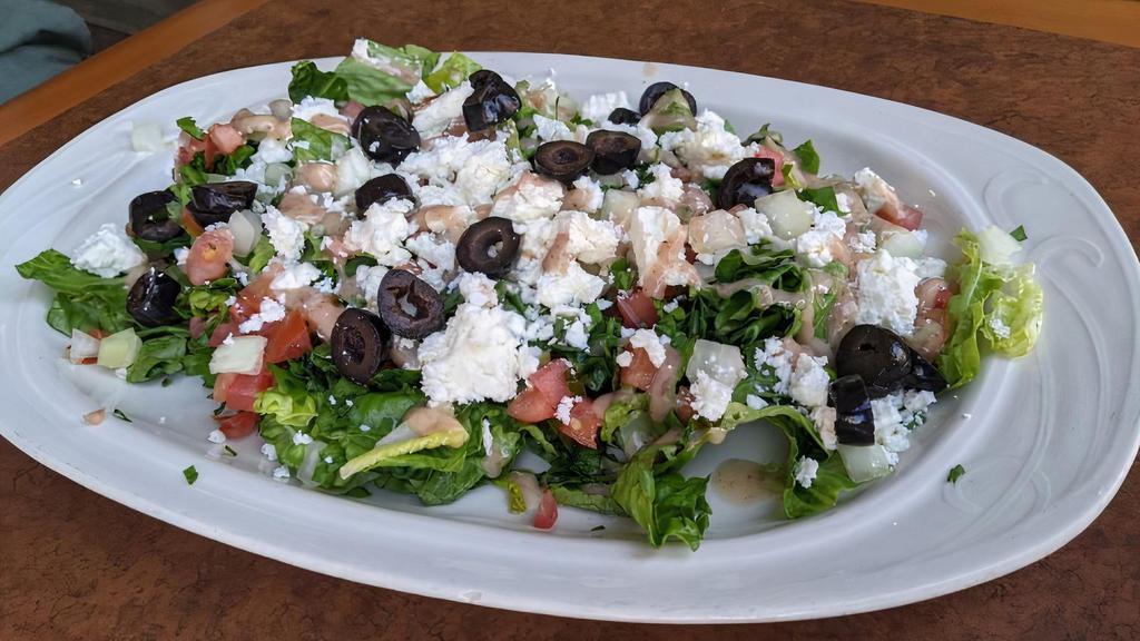Feta Salad · Gluten Free. Lettuce, tomatoes, olives, feta cheese and fresh mint tossed with lemon juice, olive oil