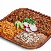 Birria Plate · Birria served with rice, beans, and 4 corn tortillas.
