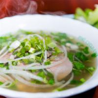 Pho Cyclo: Tai, Nam, Gau, Gan, Sach, Bo Vien · Cyclo house special noodle soup with the works: rare steak, flank, fatty flank, tendon, trip...