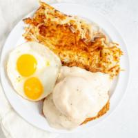 Hank'S Country Breakfast · Country fried steak, two eggs, and hashbrowns served with a buttermilk biscuit and country g...