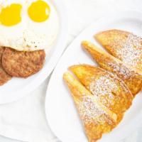 French Toast Combo · French toast served with two eggs and three strips bacon or two sausage patties.