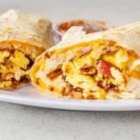 Breakfast Burrito · Flour tortilla filled with scrambled eggs hash browns Salsa ,cheese ,choice of  sausage, bac...