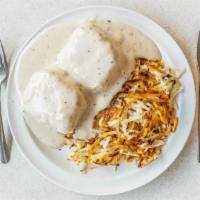 Biscuits & Gravy · Two buttermilk biscuits smothered in country gravy served with hashbrowns, goes great with a...
