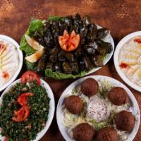 Veggie Maza Plate · An order of hummus, baba ghanouj, tabouli, dolmah and falafel.