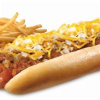 Chili Cheese Steakfrank · No Fries. Steak frank topped with our Genuine Chili, shredded cheese
