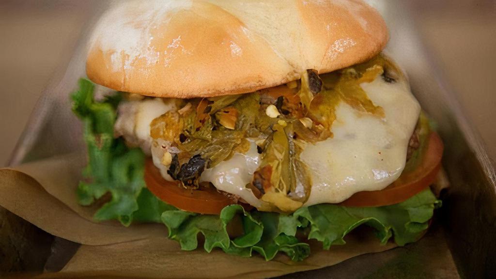 Green Chile Jackburger · Grassburger + New Mexico green chile + pepperjack cheese.. Served on a GMO-free potato bun with lettuce, tomato, onion, pickles and our signature chipotle mayo.