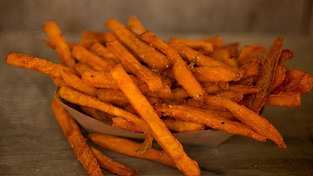 Sweet Potato Fries · Award-winning Sweet Potato Fries!  Fried in GMO-free sunflower oil.. Recommended with a side of signature chipotle sauce or ranch.