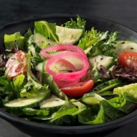 Bd’S House Side Salad · Sweet baby greens and romaine hearts with cucumber, grape tomatoes, and pickled red onions t...