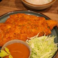 Chicken  Katsu · Crispy breaded chicken breast, seaweed flakes, served with rice and house made katsu sauce