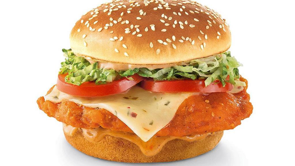 Ragin' Cajun Chicken · This is one saucy chicken breast. Fried and dipped in cayenne pepper sauce. Topped with Pepper-Jack cheese, lettuce, tomatoes, and chipotle aioli.
