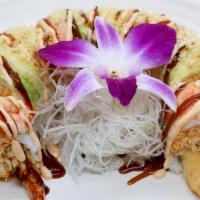 Jackpot Roll · Spicy. Spicy crab, cucumber, shrimp tempura. Outside: spicy crab, cooked shrimp, avocado, cr...