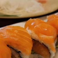 Salmon Lover Roll · Spicy. Spicy salmon, cucumber. Top: salmon, salmon roe. Sauce: spicy garlic ponzu.