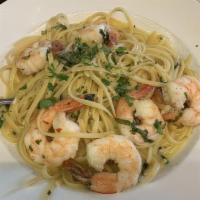 Linguine Scampi · Jumbo shrimp with garlic white wine sauce over linguine