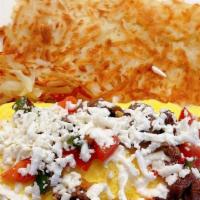 Chorizo Omelet · Pork chorizo, asparagus, onions, tomatoes, fresh cheese. Comes with a choice of red potatoes...
