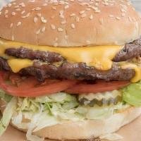 Double Cheeseburger · 2 Patties, American cheese, KV spread, lettuce, pickles, and tomatoes. Made with 100% Fresh ...