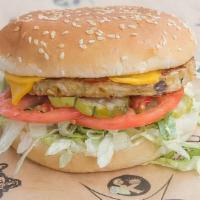 Garden Burger · Vegetarian patty, American Cheese, KV spread, lettuce, pickles, and tomatoes.