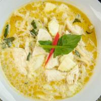 Green Curry · Curry choice of meat with bell pepper, bamboo shoots, zucchini, fresh thai basil and kaffir ...