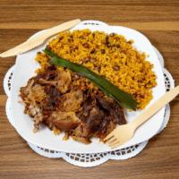 Pernil · Puerto Rican styled roasted pork shoulder - served with your choice of rice and one side