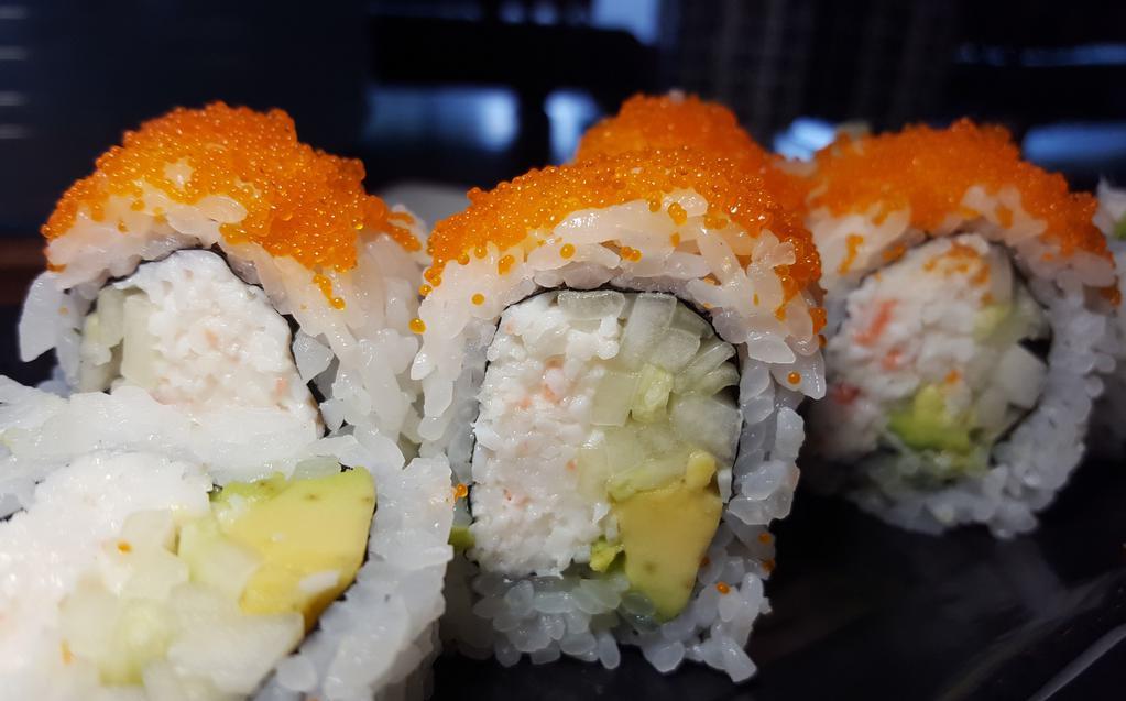 California Roll · (In) krab, avocado, cucumber. (Out) tobiko. 
Consuming raw or undercooked items may increase your chance of foodborne illness.