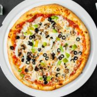 Vegetable Pizza · Fresh green peppers, black olives, mushrooms, and onions top our classic cheese pizza.
